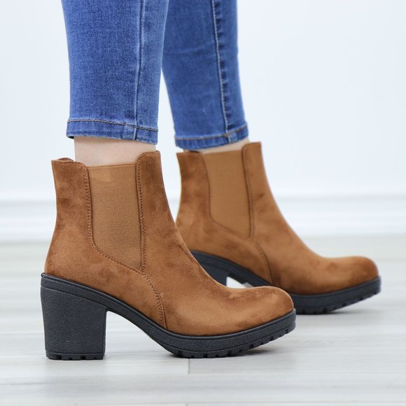 Shoes - Chelsea Chunky Block High Heel Above Ankle Boots Brown Synthetic Suede